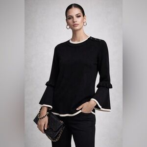 🖤 Karl Lagerfeld Paris Black Knit Top w/ Ivory Trim | Fits M | Bell Sleeves